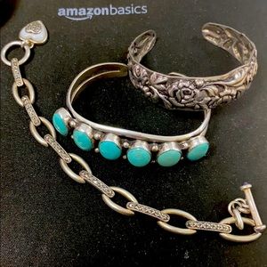 3 silver bracelets one with turquoise